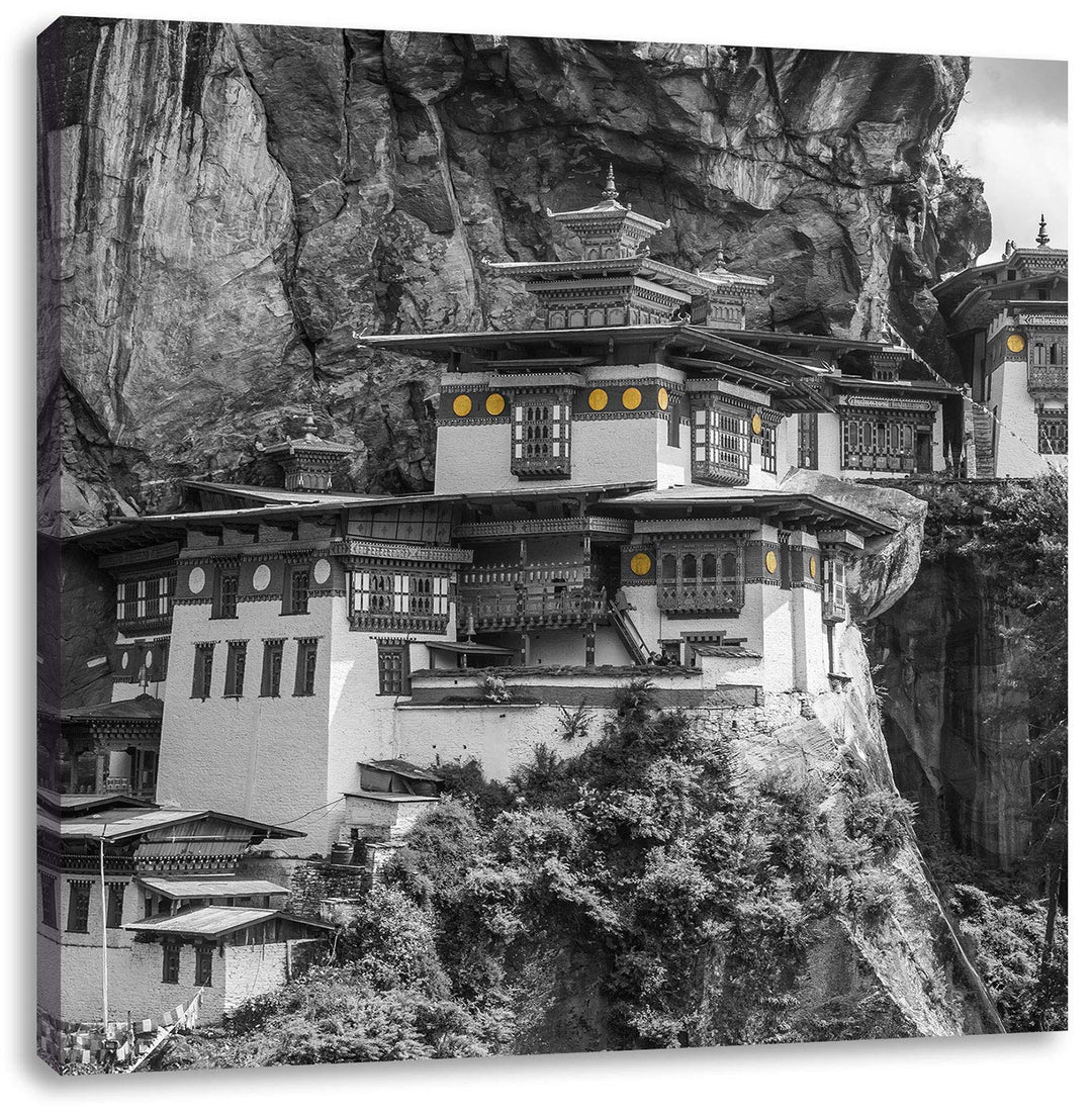 Pixxprint beeindruckende Festung im Berg schwarz/weiss, Format: 70x70 auf Leinwand, 70x70