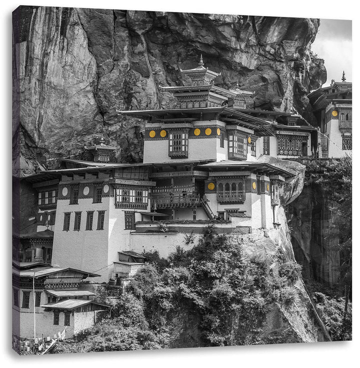 Pixxprint beeindruckende Festung im Berg schwarz/weiss, Format: 70x70 auf Leinwand, 70x70