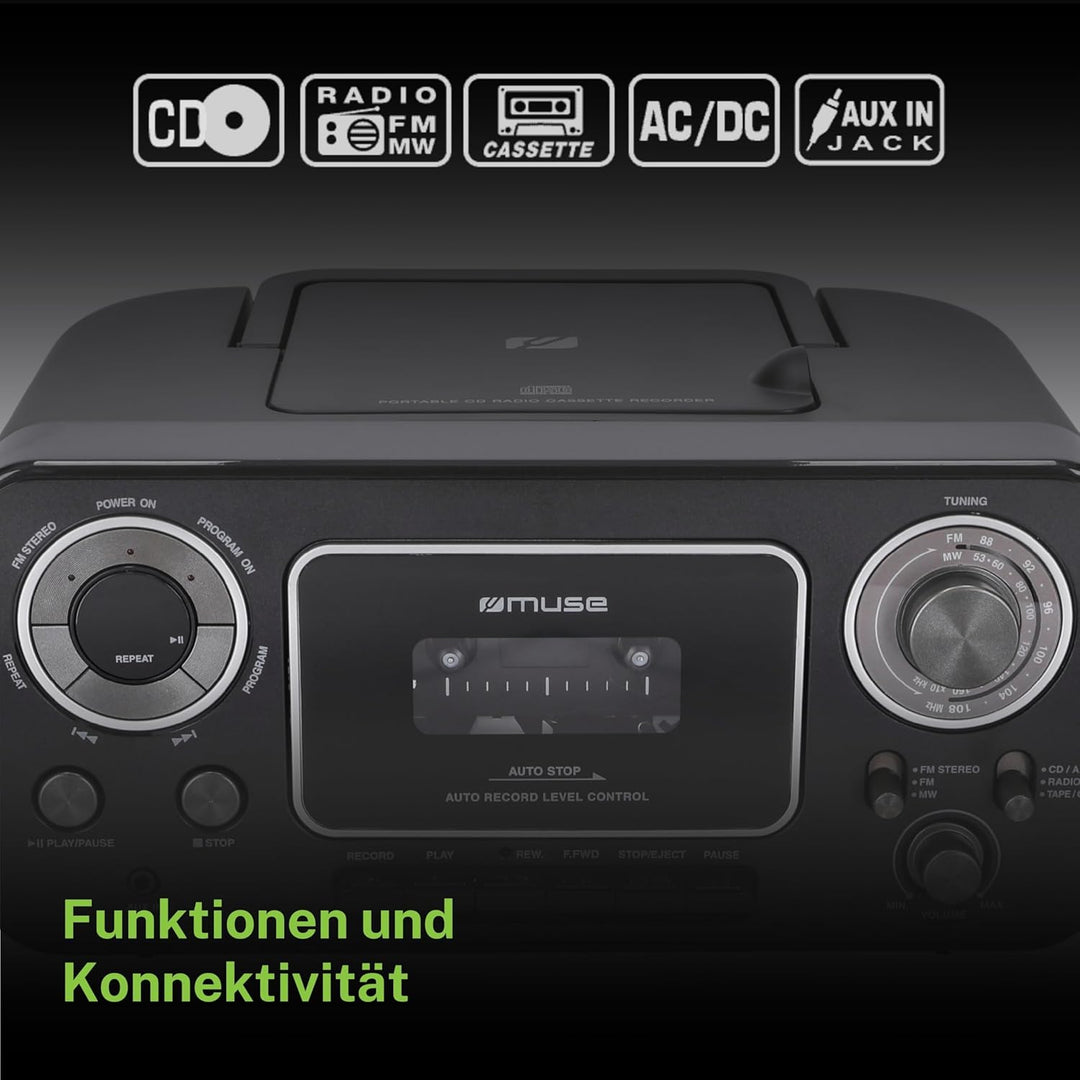 Muse Retro Kassettenrekorder mit Aufnahme-Funktion, Batteriebetrieb möglich Radio / Kassette CD, Rad