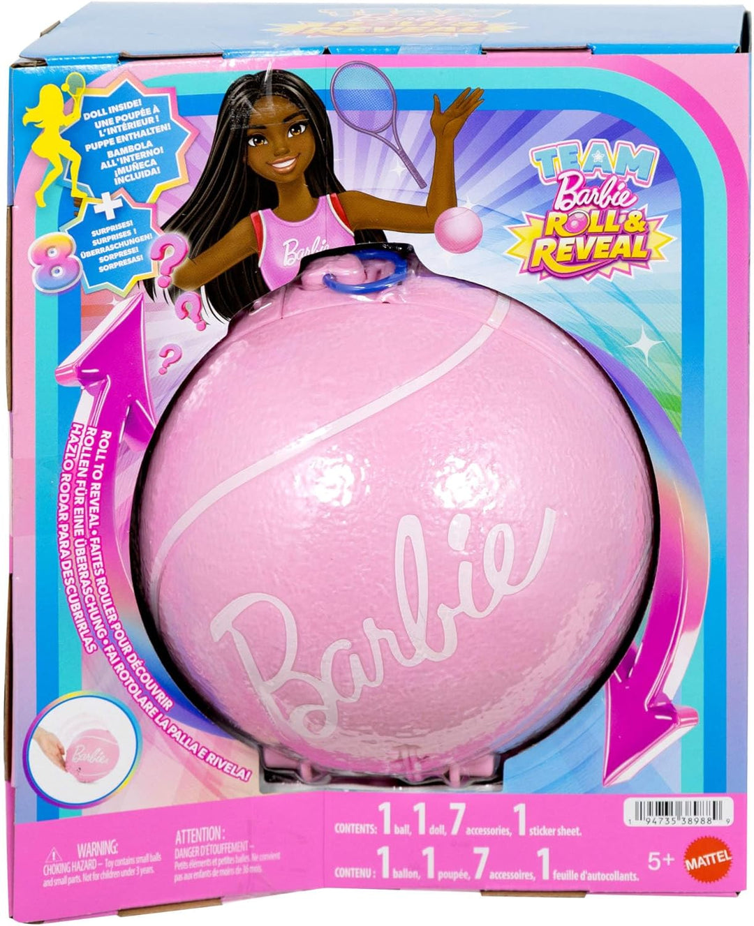Barbie Team Roll & Reveal Tennisspielerin-Puppe und Zubehörteile mit brünetter Modepuppe, 8 Überrasc