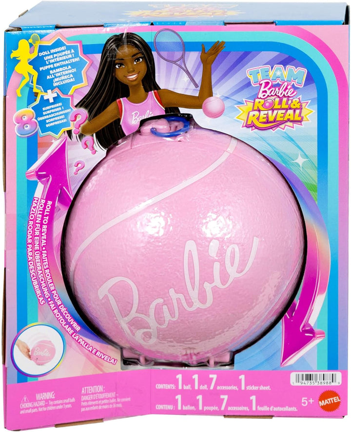 Barbie Team Roll & Reveal Tennisspielerin-Puppe und Zubehörteile mit brünetter Modepuppe, 8 Überrasc