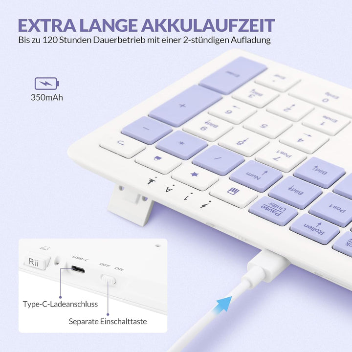 Rii Tastatur Kabellos Büro, Wireless Keyboard Office mit QWERTZ, Kabellose Tastatur Weiss mit 2.4GHz