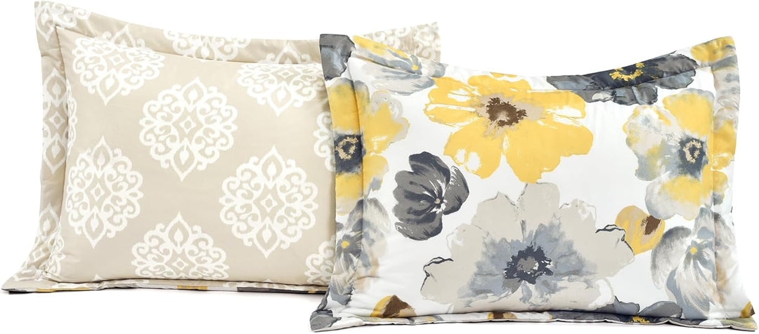 Lush Decor Leah Wende-Bettwäsche-Set, 6-teilig, King-Size, Gelb und Grau, grosse blühende Aquarellbl