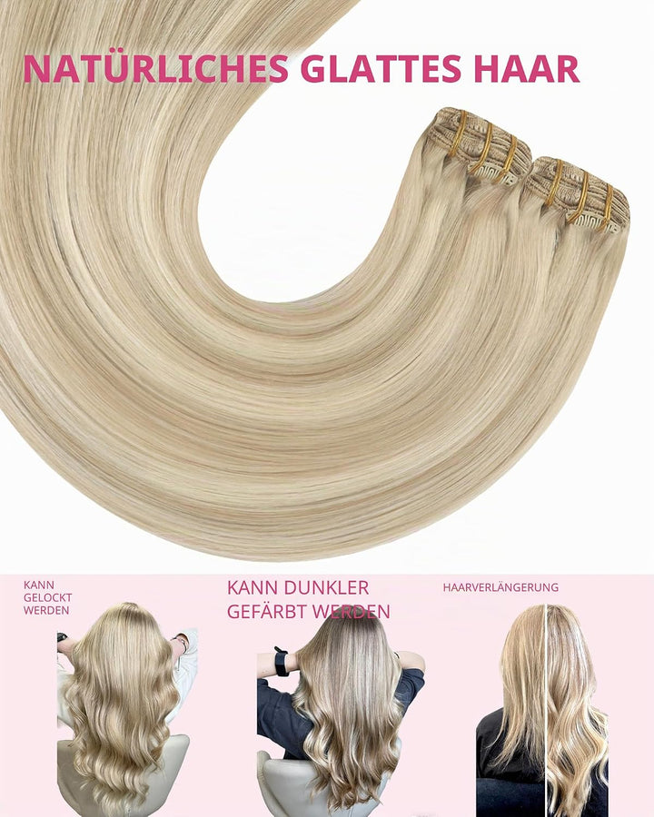 YoungSee Echthaar Extensions Clip Blond Doppelt Tressen Clip in Extensions Echthaar Aschblond mit Pl
