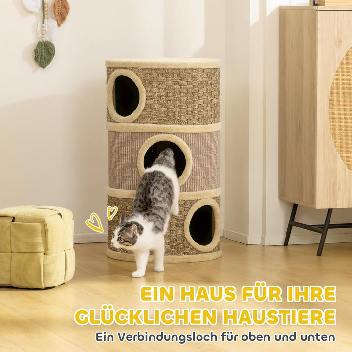 PawHut Kratztonne für Katzen 79 cm Hoch Ø 45 cm Katzentonne mit 3 Etagen Sisalseil, Plüsch Katzenhöh