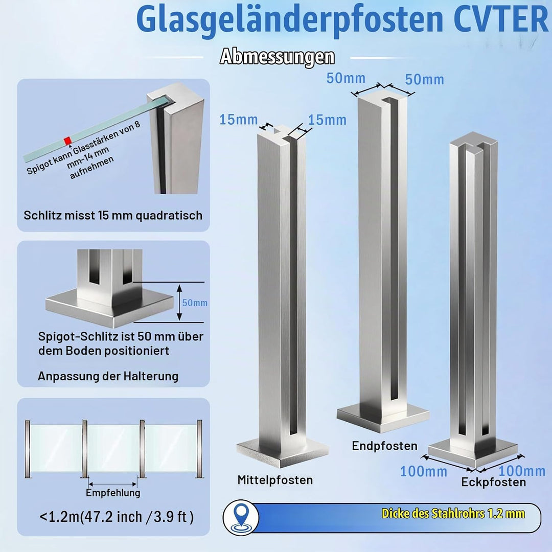 Cvter aus Edelstahl Glasgeländer pfosten mit Einsteckenden 60cm – Schwerlastbereich Glasmontageklemm
