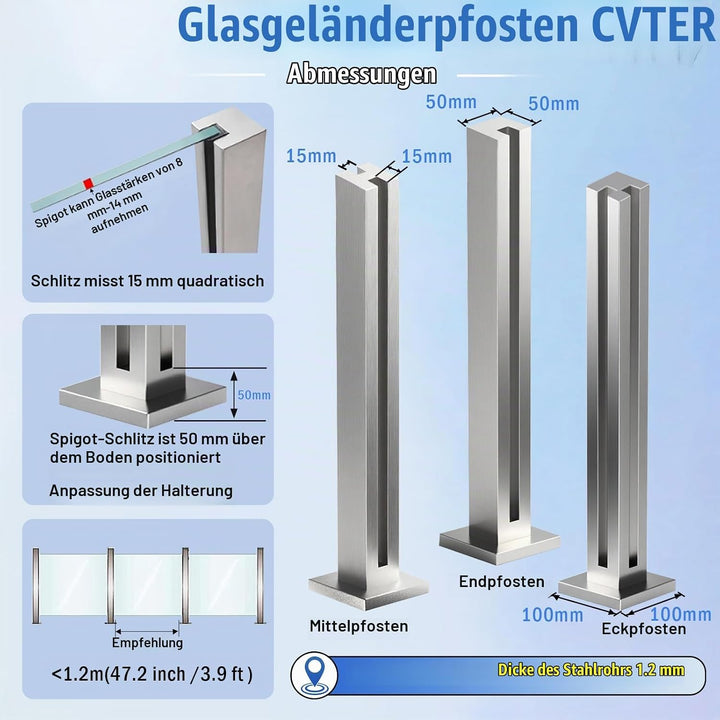 Cvter aus Edelstahl Glasgeländer pfosten mit Einsteckenden 60cm – Schwerlastbereich Glasmontageklemm