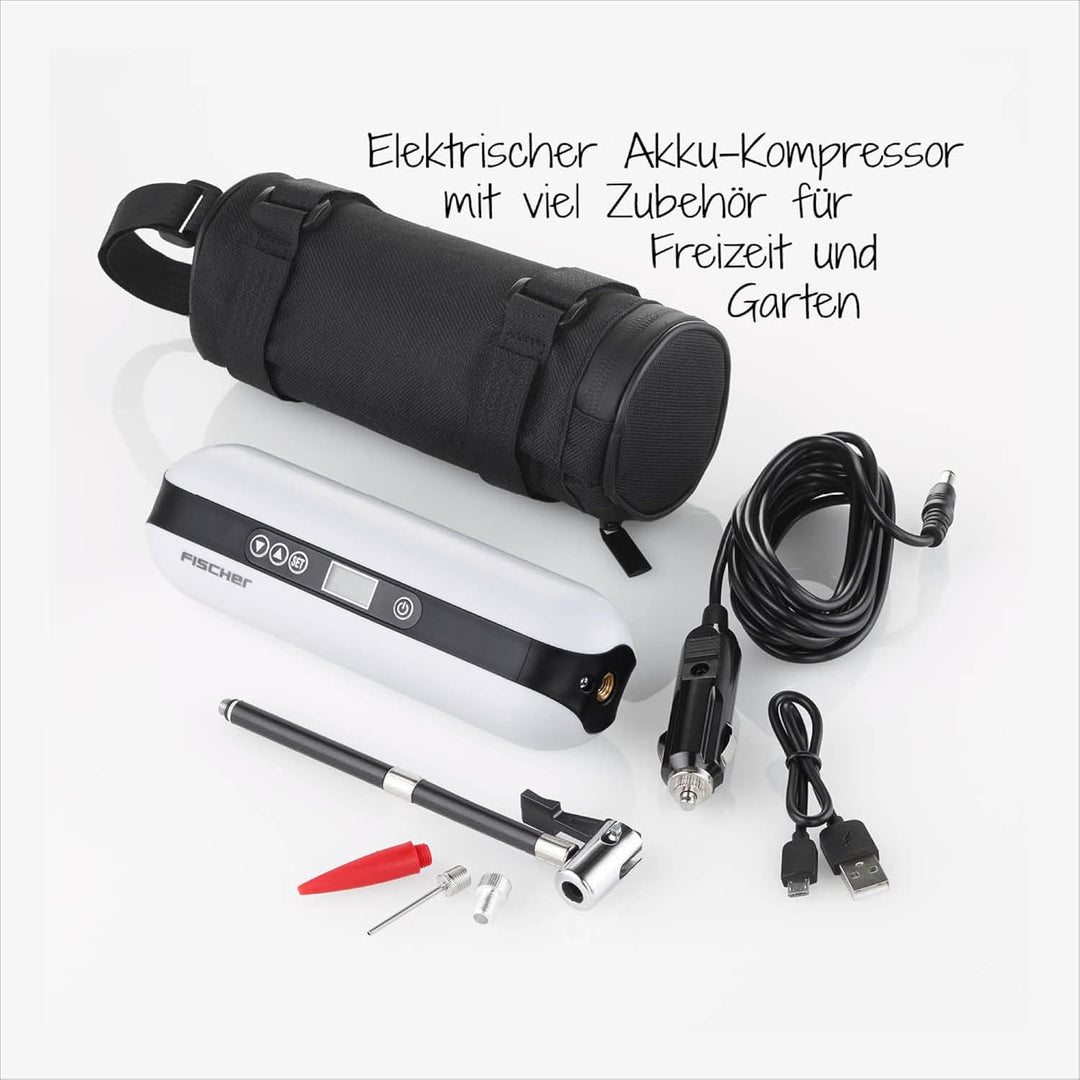 FISCHER 50375 Akkukompressor, elektrische Luftpumpe 10,3 Bar, Powerbank und Taschenlampe, für Fahrra