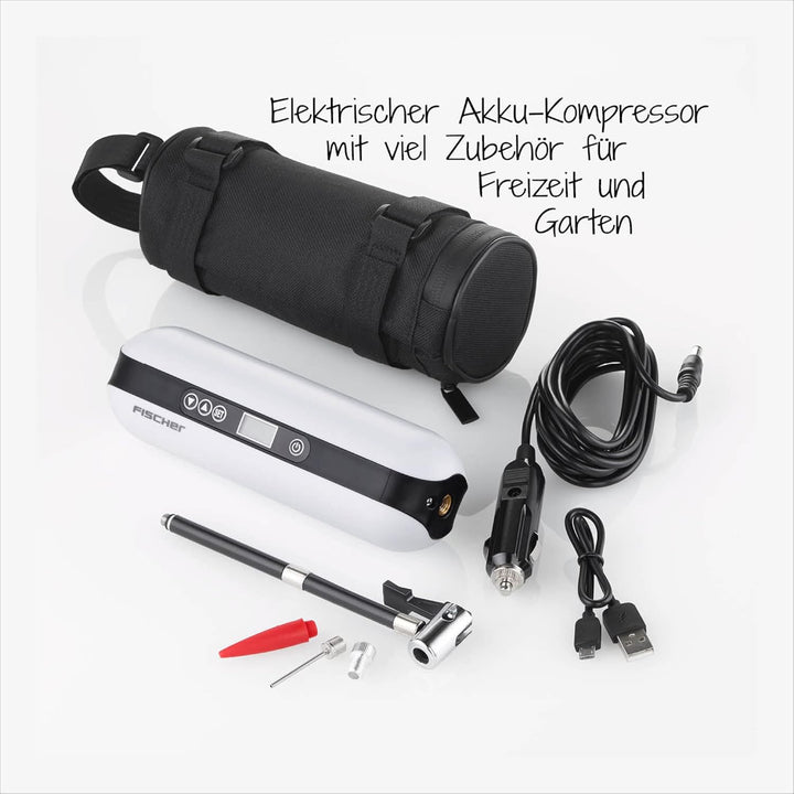 FISCHER 50375 Akkukompressor, elektrische Luftpumpe 10,3 Bar, Powerbank und Taschenlampe, für Fahrra