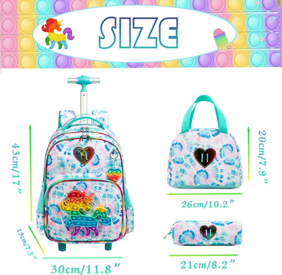 HTgroce Rollrucksack Schulranzen mit Rollen für Mädchen Rucksack mit Lunch Bag und Mäppchen Kinder S