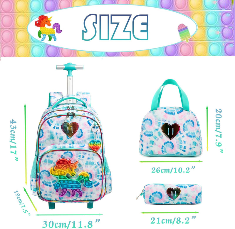 HTgroce Rollrucksack Schulranzen mit Rollen für Mädchen Rucksack mit Lunch Bag und Mäppchen Kinder S