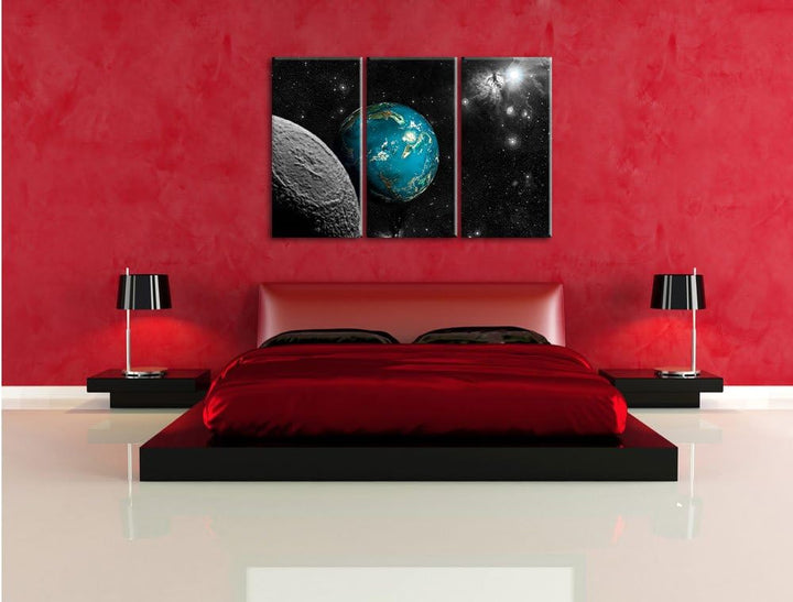 Pixxprint Planet Erde im Kosmos als Leinwandbild/Grösse: 3 Teilig (120x80 cm) cm/Wandbild/Kunstdruck
