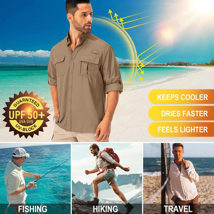 Hemd Herren Safari UPF50+ UV Schutz Wanderhemd Herren Langarm Funktionshemd Outdoorhemd Atmungsaktiv