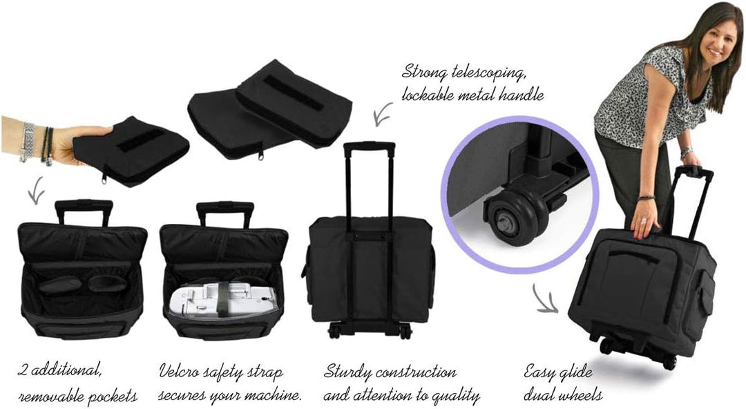Grosse Nähmaschinen-Trolley-Tasche auf Rollen aus strapazierfähigem schwarzem Stoff, 47 x 38 x 24 cm