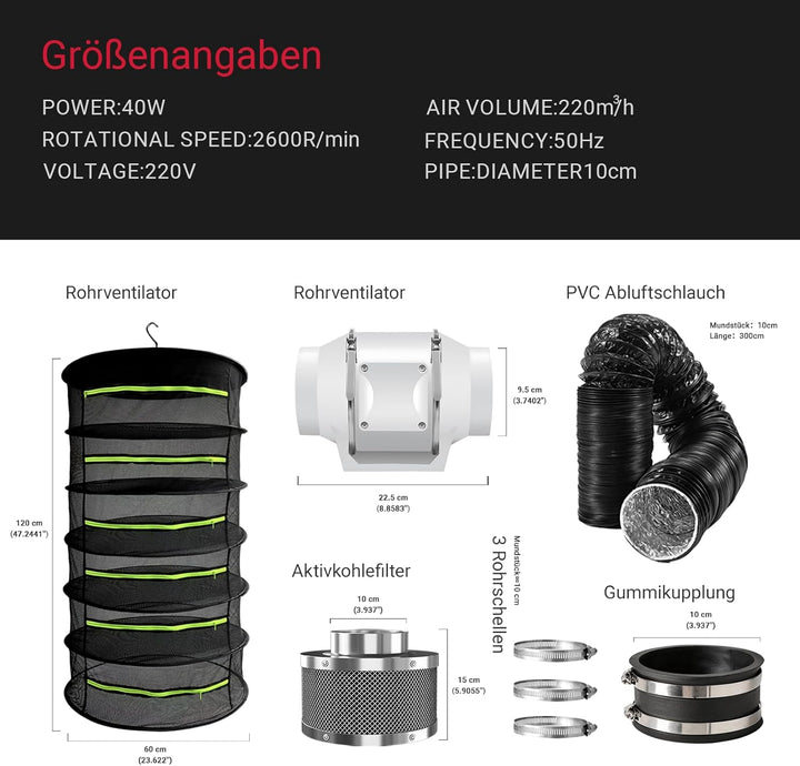 Grow Trockenbox Set Rohrventilator 100mm Set 220 m³/h Abluftset mit Abluftventilator,Aktivkohlefilte