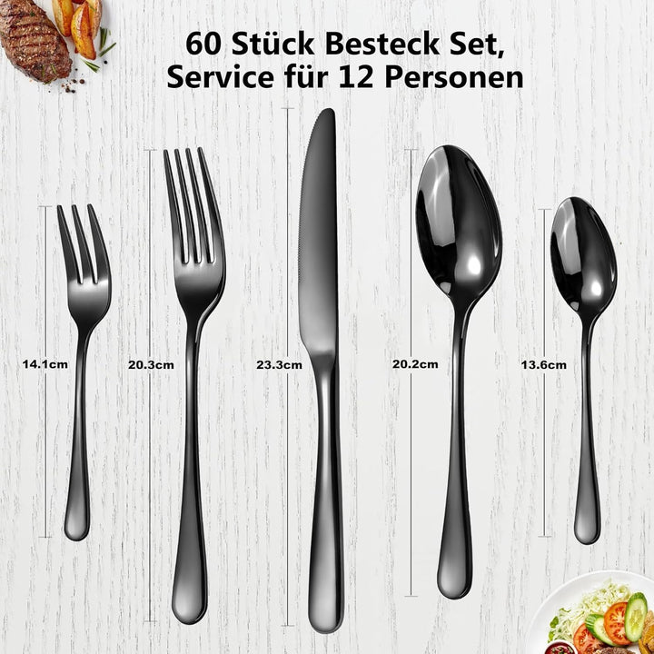 Besteckset 12 Personen,Schwarzes Besteck,60 teilig Bestecksets Schwarz,Glänzendes Edelstahl Besteck,