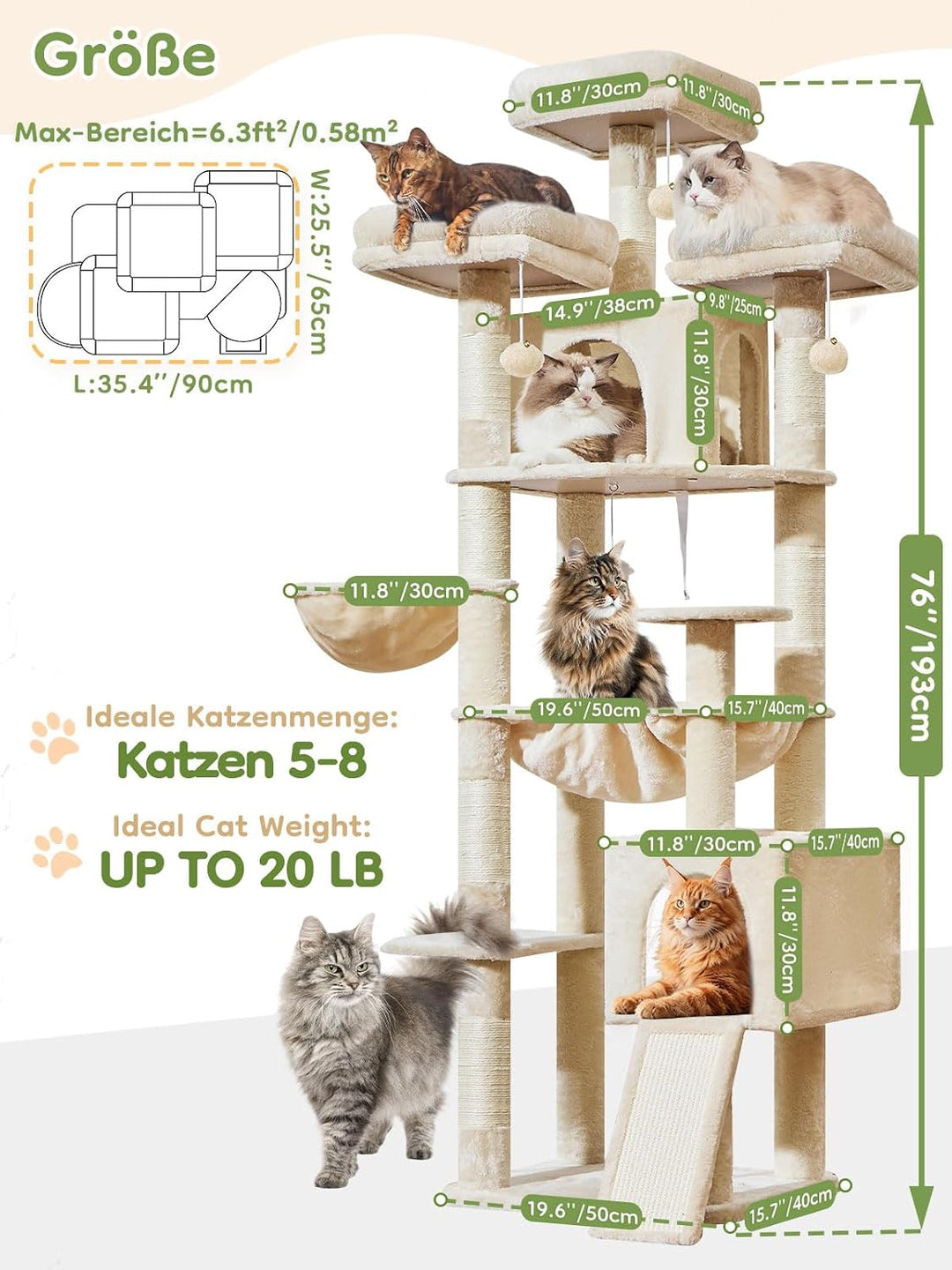 Taoqimiao 193cm Kratzbaum XXL, Grosser Katzenbaum Für Grosse Katzen, MS047M | 3 Grosse Plattform, Ka