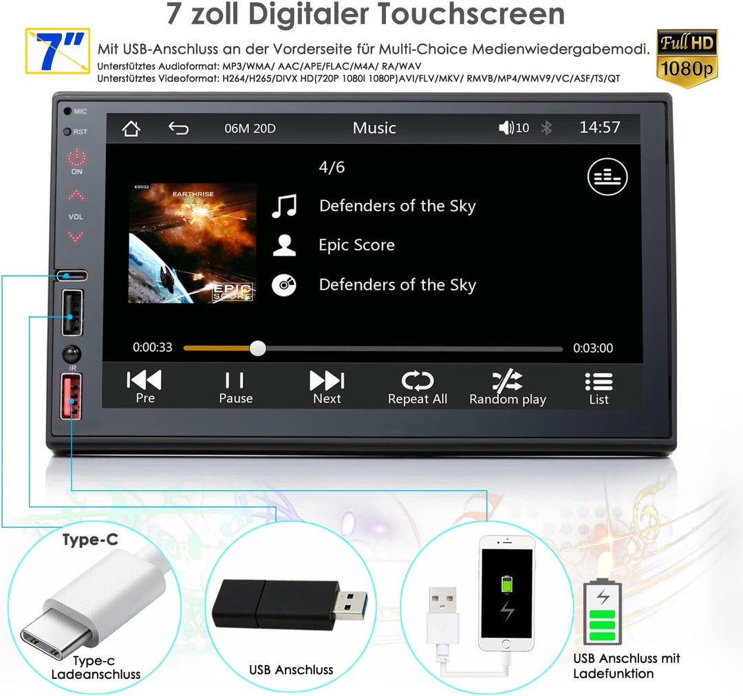 Doppel Din Autoradio mit Wireless CarPlay & Wireless Android Auto, Autoradio Bluetooth, Autoradio mi