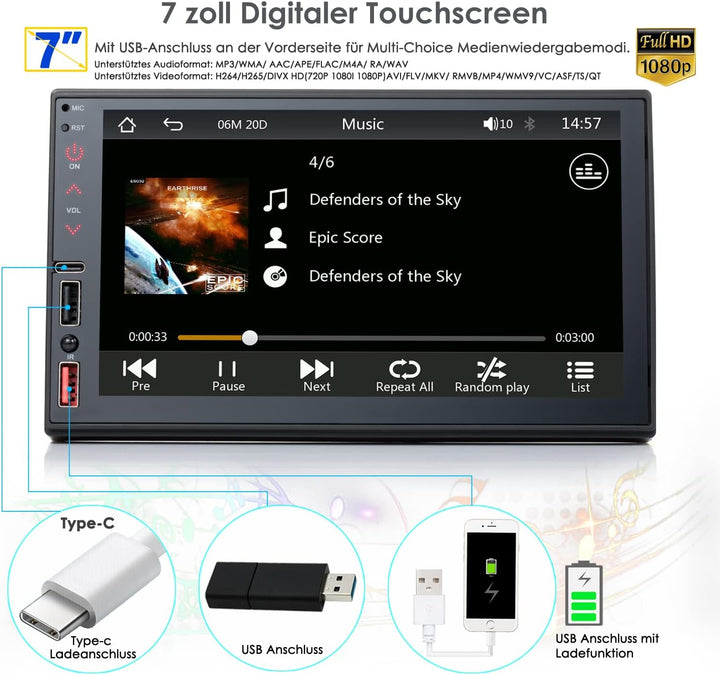 Doppel Din Autoradio mit Wireless CarPlay & Wireless Android Auto, Autoradio Bluetooth, Autoradio mi