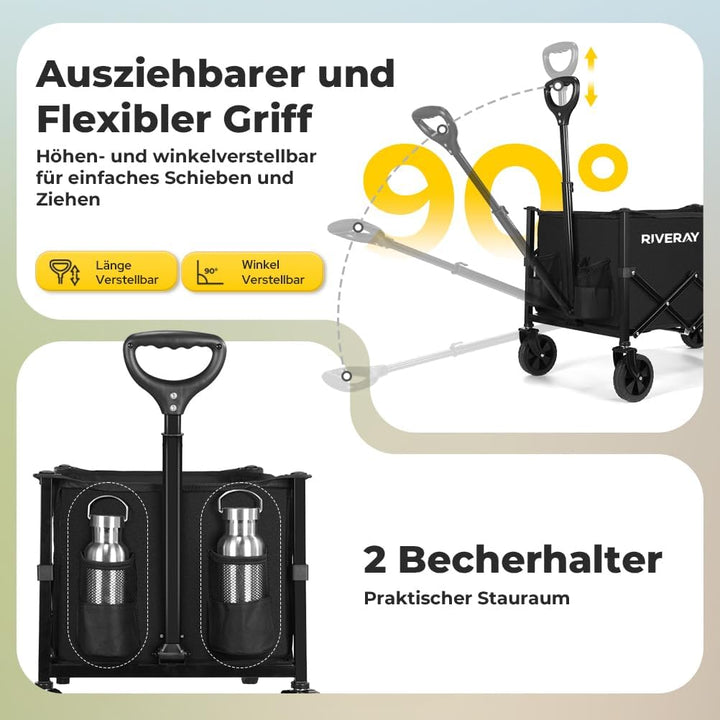 Bollerwagen Faltbar 120L 120KG, Klappbarer Bollerwagen mit Abnehmbarer Stofftasche Verstellbarem Gri