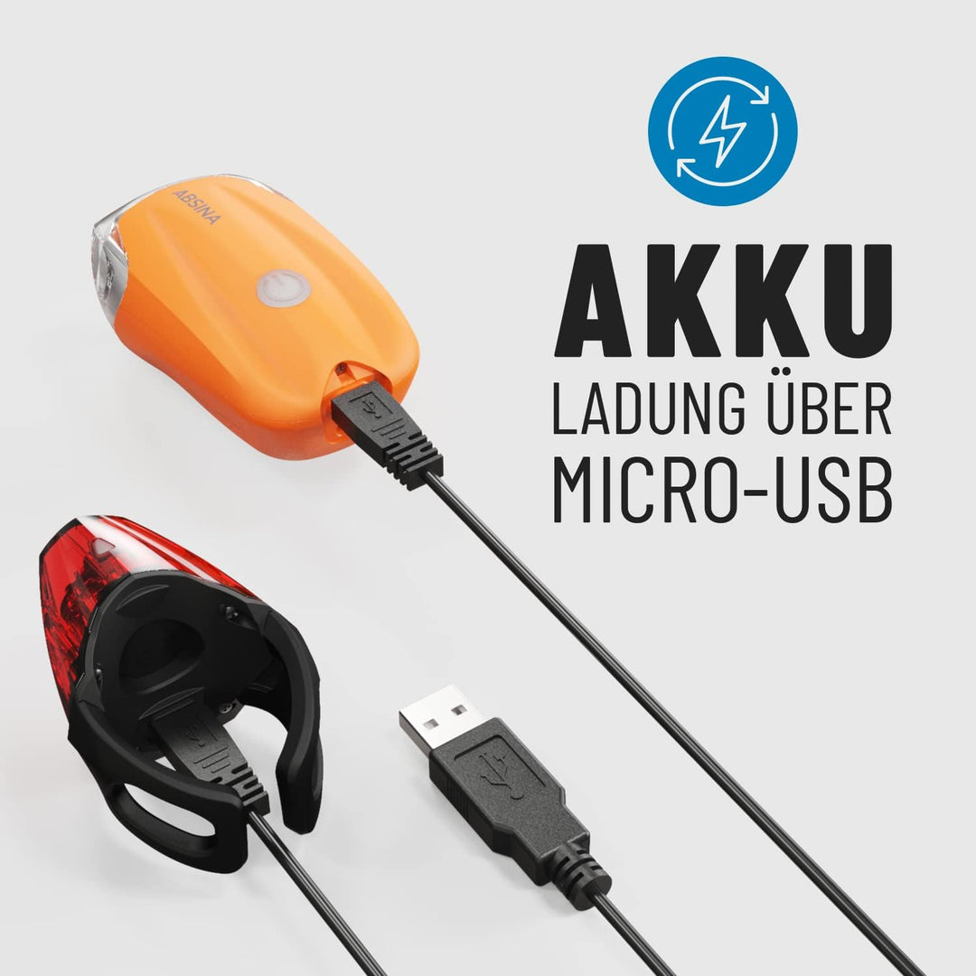 ABSINA LED Fahrradlicht Set USB aufladbar - 180 Lumen &amp; 50 Lux - Fahrradbeleuchtung Set StVZO zugela
