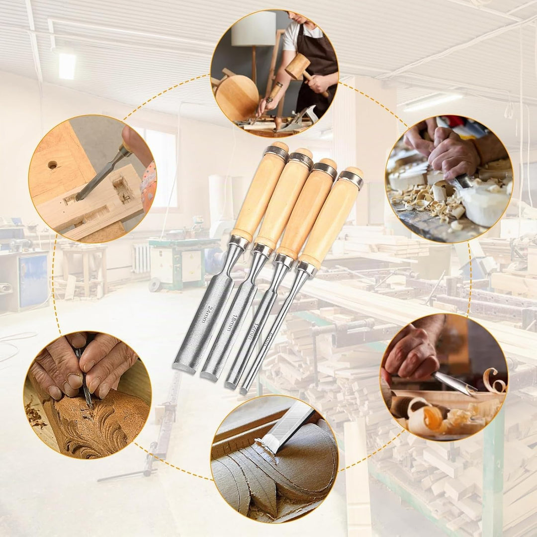 4 Stück Holz Meissel Set, Stechbeitel Rund Gebogen Hohlbeitel Werkzeuge Set, CR-V Stahl halbkreisför