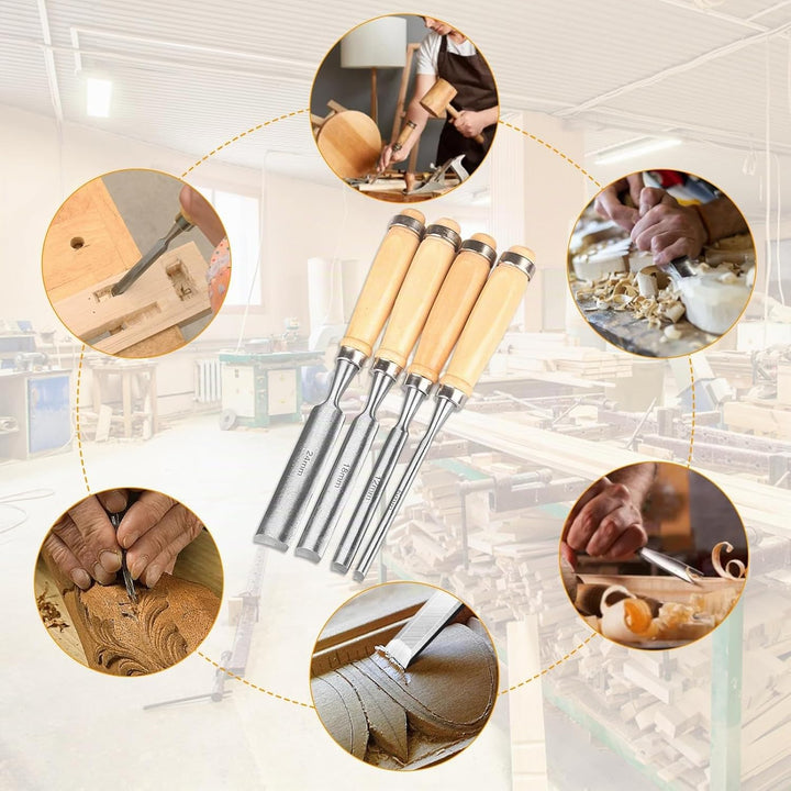 4 Stück Holz Meissel Set, Stechbeitel Rund Gebogen Hohlbeitel Werkzeuge Set, CR-V Stahl halbkreisför