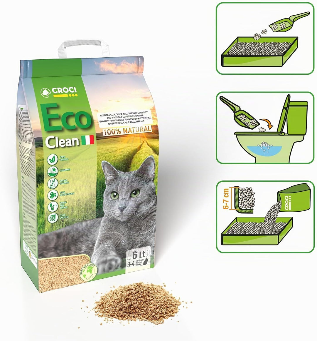 Croci Eco Clean Katzenstreu, klumpend, biologisch abbaubar, 100% pflanzlich, langanhaltend, geruchsh