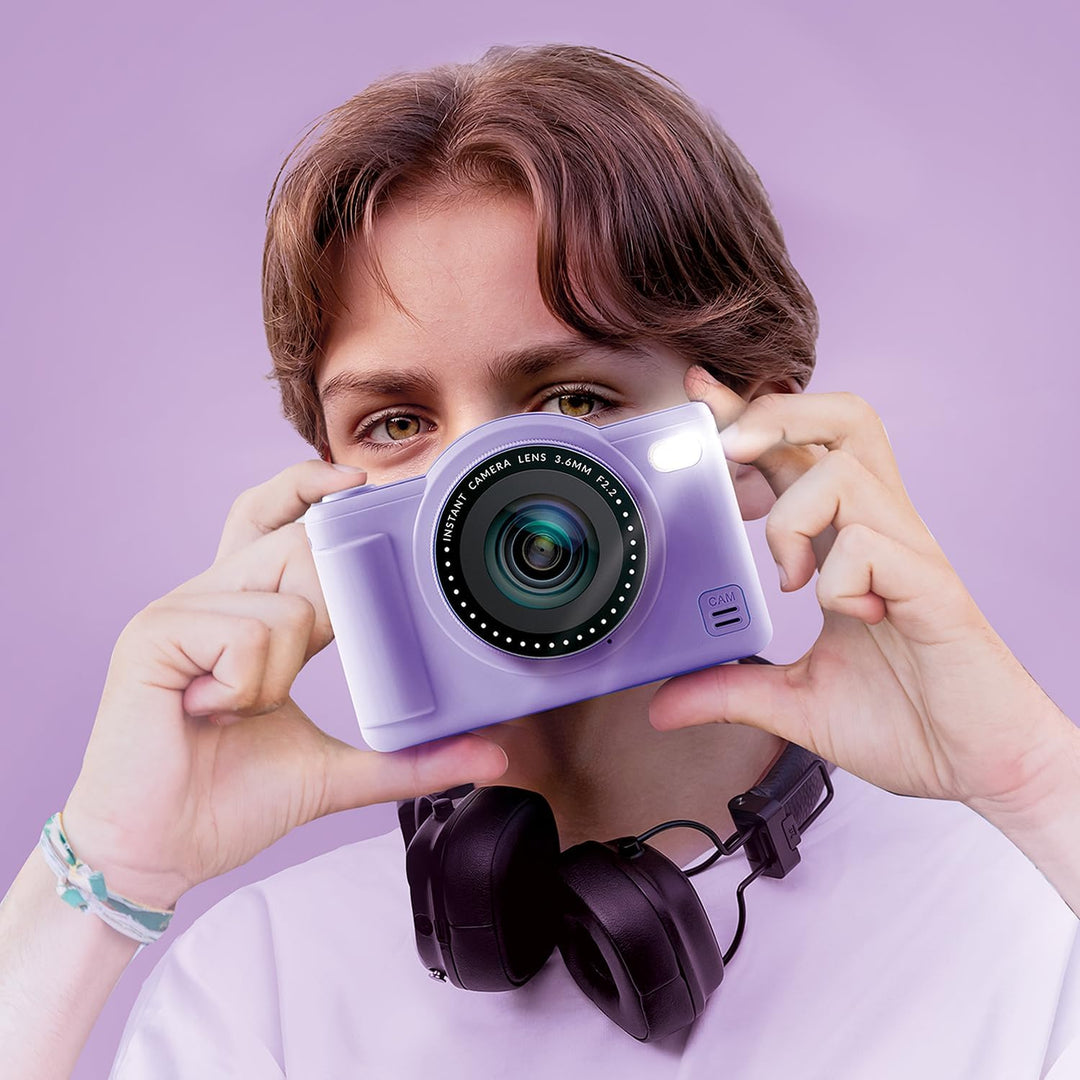 C Toys Digitalkamera für Kinder, Doppelobjektiv – kompakte Mini-Kamera Violett mit Selfiemodus für 8