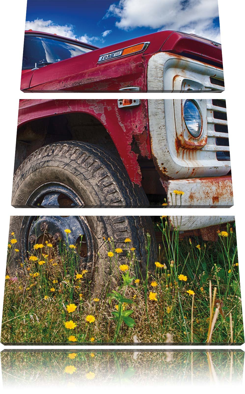 Pixxprint USA Truck auf Blumenwiese 3Teiler 120x80 cm Leinwandbild Wandbild Kunstdruck