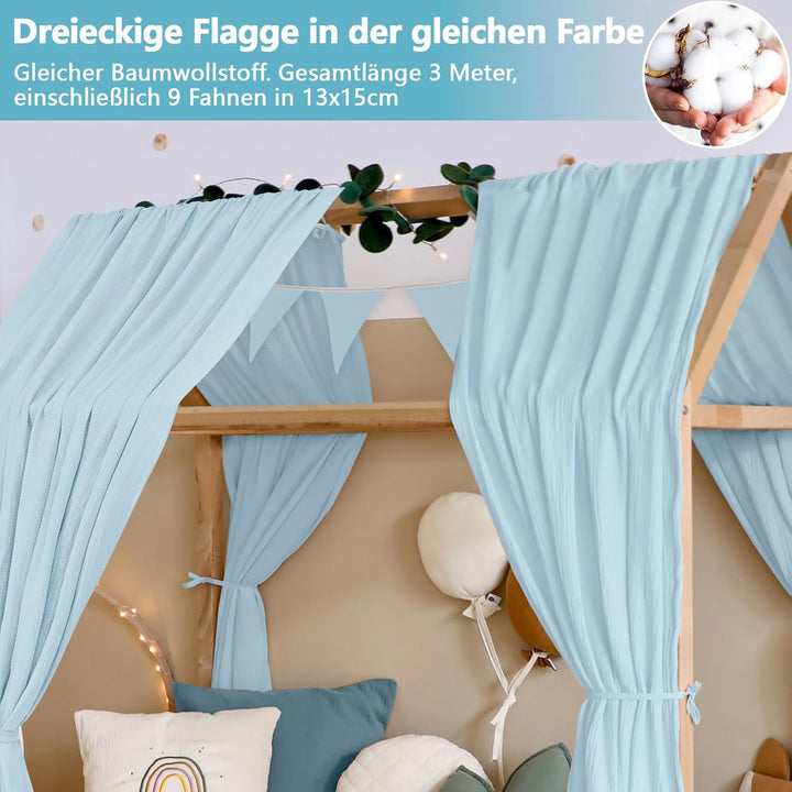 Alishomtll Hausbett Himmel Deko Set, 2 Betthimmel Hausbett aus 100% Baumwolle Musselin, 1 Wimpelkett