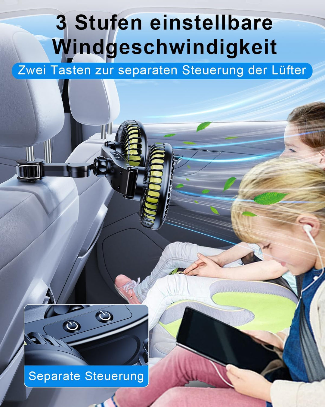 Akku Ventilator Auto,Kopfstütze Leise Lüfter【inkl. 12V 24V Zigarettenanzünder &amp; USB C Ladekabel】 360