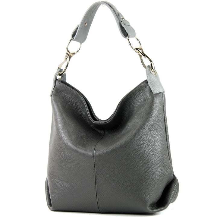 modamoda de - T168 - ital Schultertasche Umhängetasche aus Leder Dunkelgrau/Grau, Dunkelgrau/Grau