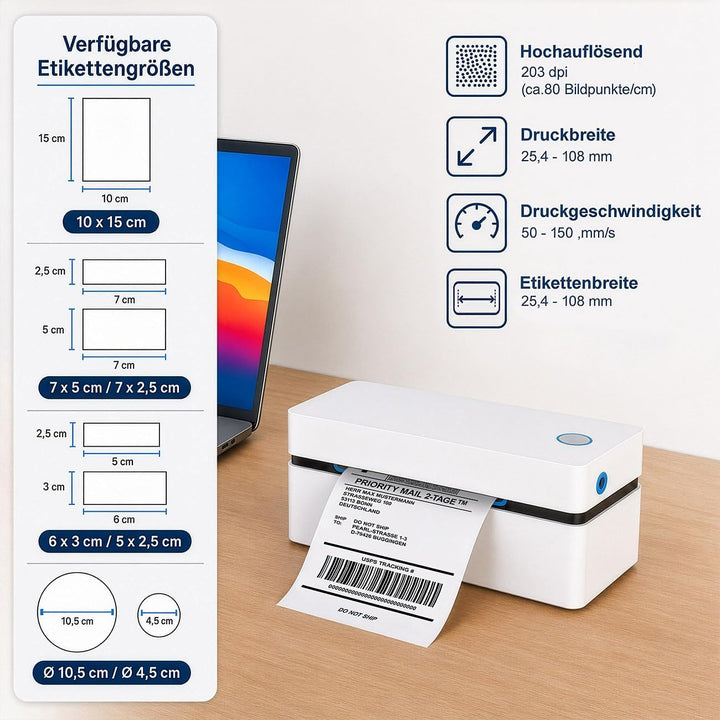Callstel Mini-Drucker für Handy: Etiketten-Thermodrucker mit 550 Etiketten 100x150mm, 203 DPI, BT, A
