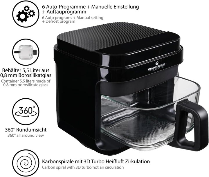 KHF-550 Heissluftfritteuse, 5,5 Liter,1.200W, Touchdisplay,Frittierkorb aus Glas ohne Beschichtung,