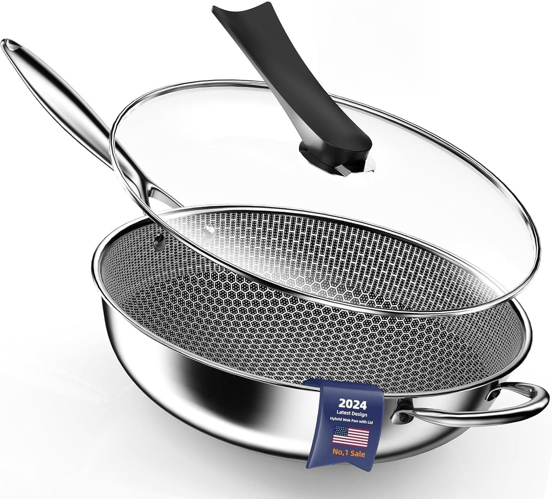 Kiseely Hybrid Wokpfanne mit Deckel 34 cm, Antihaft edelstahl Wokpfanne induktion, Bratpfanne mit An