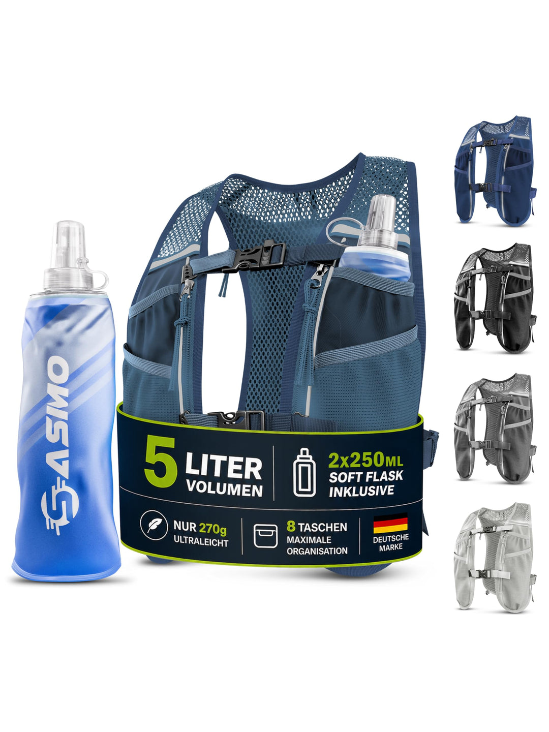 SASMO® Laufweste Damen & Herren 5L / 2L | Running Vest - Ultraleicht & atmungsaktiv| Laufrucksack Da
