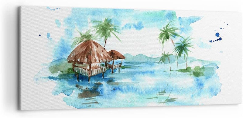 Wandbilder Dekoration Wohnzimmer Tropen Wasser Bungalow Ufer Panorama Bilder auf Leinwand 120x50cm L