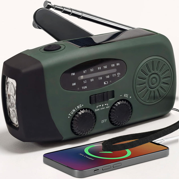 Notfallradio mit Kurbel und Solar, Tragbare Kurbelradio mit LED-Taschenlampe, AM/FM Empfang, SOS-Ala