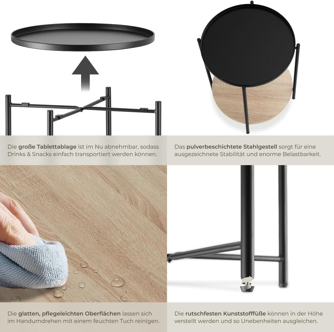 tectake® Beistelltisch rund, Nachttisch Metall und Holz, Couchtisch rund mit Stauraum auf 2 Ebenen,