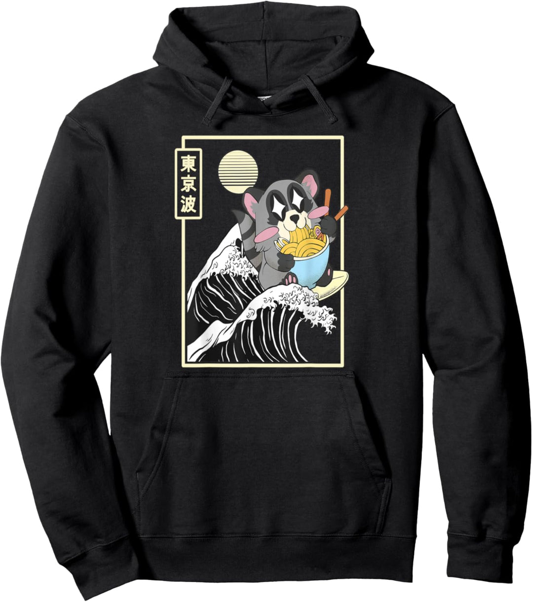 Waschbär isst Ramen beim Surfen einer Welle Pullover Hoodie