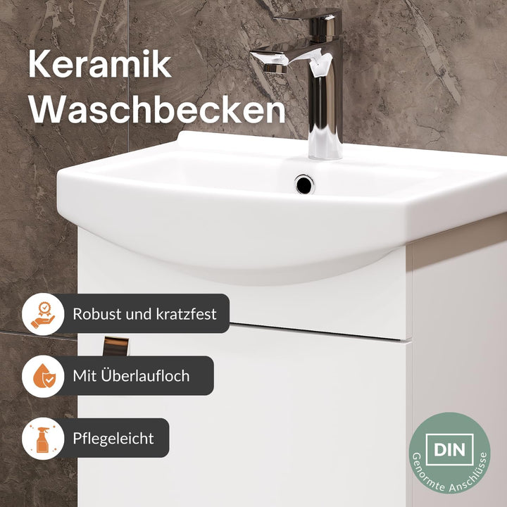 Planetmöbel Waschbecken mit Waschbeckenunterschrank/Waschtisch-Unterschrank 45cm Gäste Bad WC (Weiss