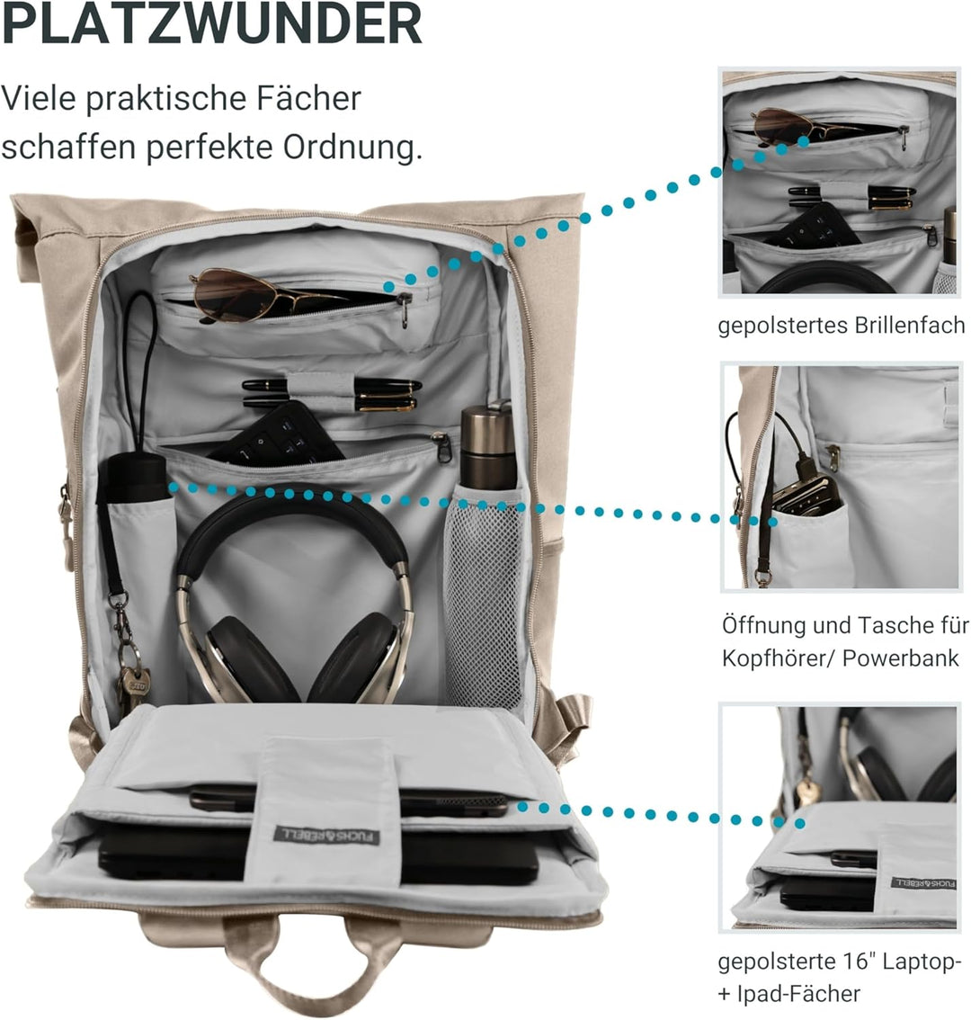 FUCHS & REBELL® Rolltop Rucksack PIET - Durchdacht & Nachhaltig - mit Laptopfach & Anti Diebstahl Ta