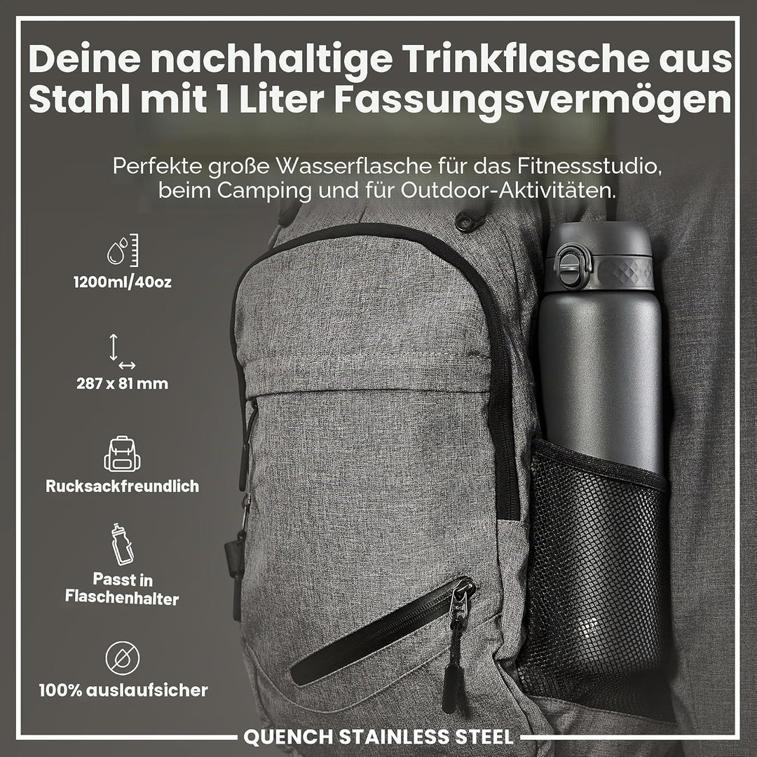 Ion8 1 Liter Edelstahl Trinkflasche, Auslaufsicher, Einhandöffnung, Sichere Verriegelung, Spülmaschi