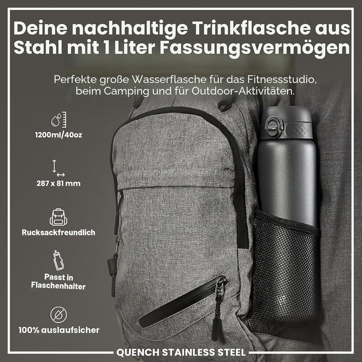 Ion8 1 Liter Edelstahl Trinkflasche, Auslaufsicher, Einhandöffnung, Sichere Verriegelung, Spülmaschi