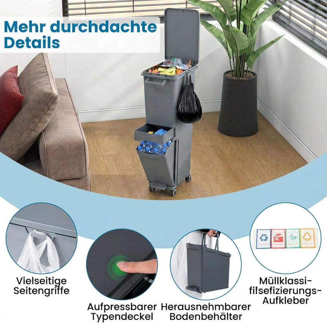 COSTWAY Mülleimer 3 Fächer, 32L Abfalleimer mit neigbarem Behälter, Schublade & Aufkleber, Tretmülle