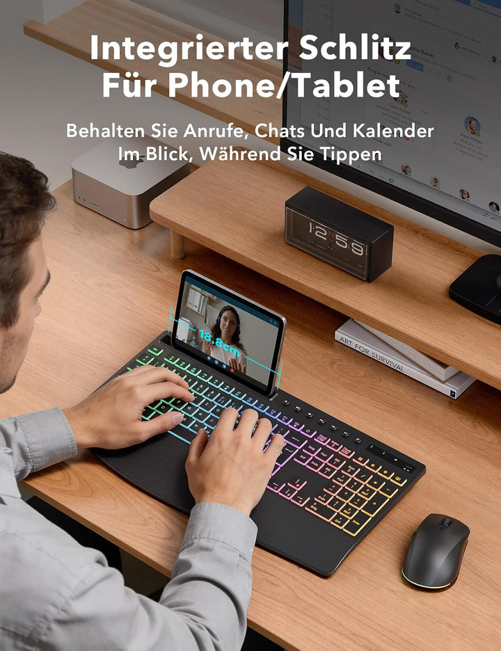 Tastatur Maus Set kabellos Beleuchtete, Wiederaufladbare Tastatur mit 4000 mAh Akku, Telefonhalter,