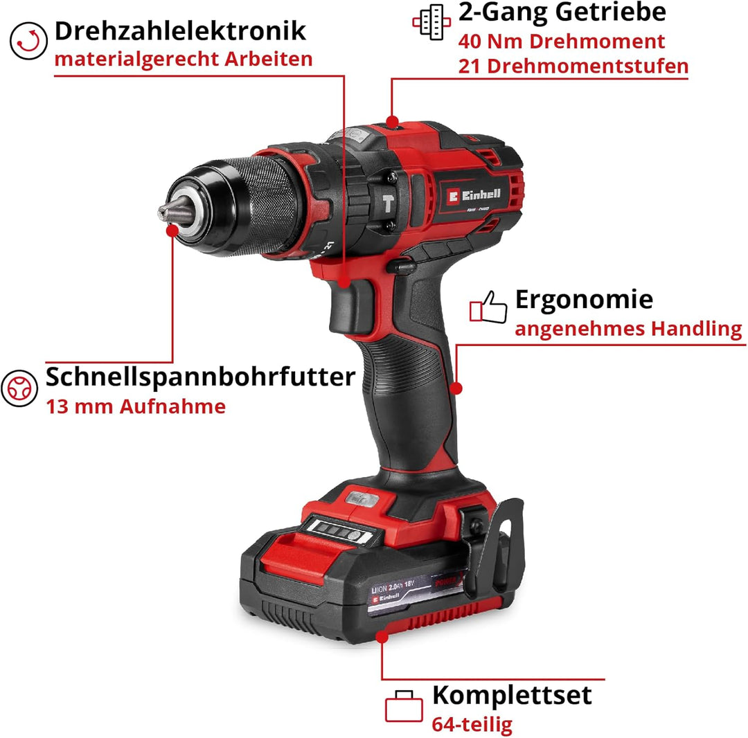 Einhell Akku-Schlagbohrschrauber-Set TE-CD 18/40 Li-i +64 (1x 2,0 Ah) Power X-Change (18 V, 40 Nm, S
