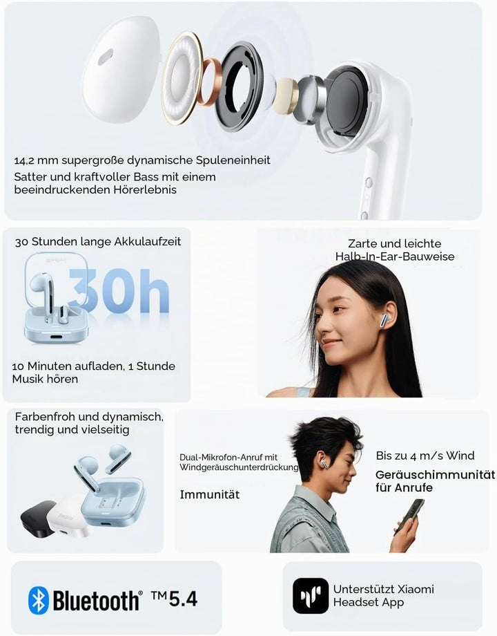 Xiaomi Redmi Buds 6 Active (Global Version) Bluetooth 13.7 cm Kopfhörer, 30h Akkulaufzeit, Geräuschu