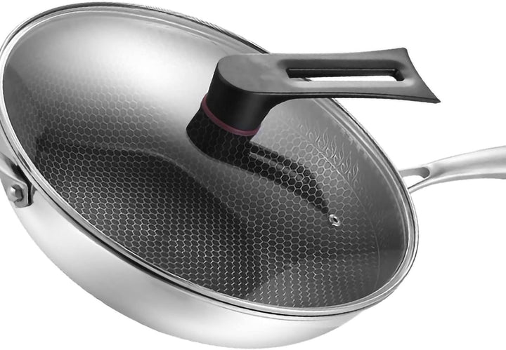 Wok, Wok-Pfanne mit Geschnitzter Mikrogravur, 3-lagiger Doppelseitiger Waben-Edelstahl-Wok für die K